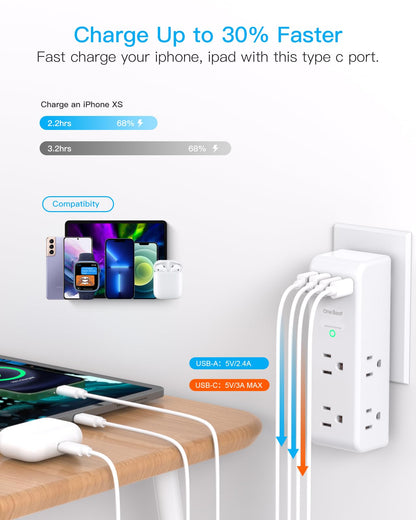 Surge Protector Outlet Extender - with Rotating Plug, 6 AC Multi Plug Outlet with 4 USB Ports (2 USB C), 1800 Joules, 3-Sided Swivel Power Bar with Spaced Splitter for Home, Office, Travel