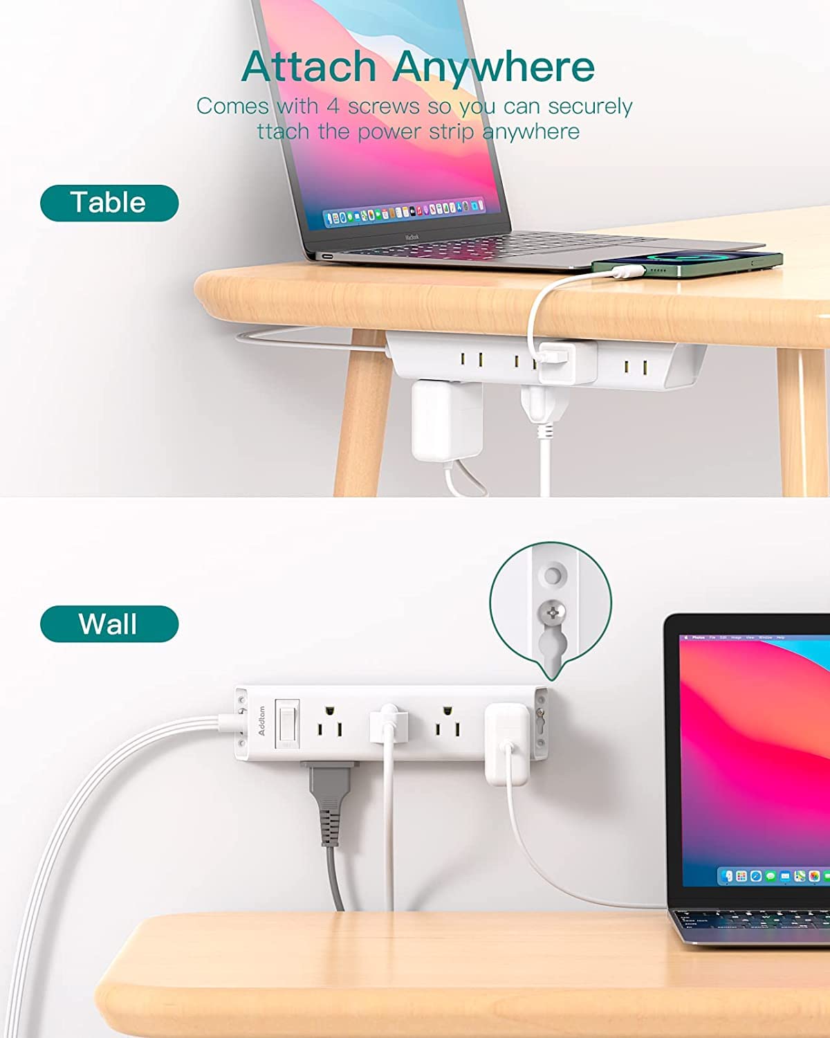Addtam Flat Plug Power Bar, Ultra Thin Flat Extension Cord with 1050J Surge Protector, 12 Widely AC 3 Sides Multiple Outlets, 5Ft Wall Mount, Desk Charging Station for Home Office Dorm Room Essentials - Available at All In One Marketplace Canada