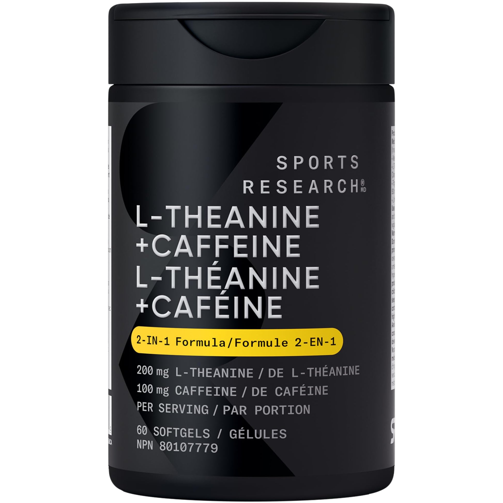 Sports Research® 2-in-1 L-Theanine Supplement with Caffeine & MCT Oil from Organic Coconuts - Focused Energy, Alertness & Relaxation Without Drowsiness - 200mg L Theanine, 100mg Caffeine - 60 Softgels - Available at All In One Marketplace Canada
