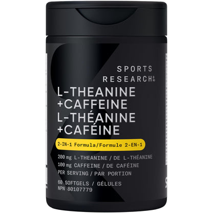 Sports Research® 2-in-1 L-Theanine Supplement with Caffeine & MCT Oil from Organic Coconuts - Focused Energy, Alertness & Relaxation Without Drowsiness - 200mg L Theanine, 100mg Caffeine - 60 Softgels - Available at All In One Marketplace Canada