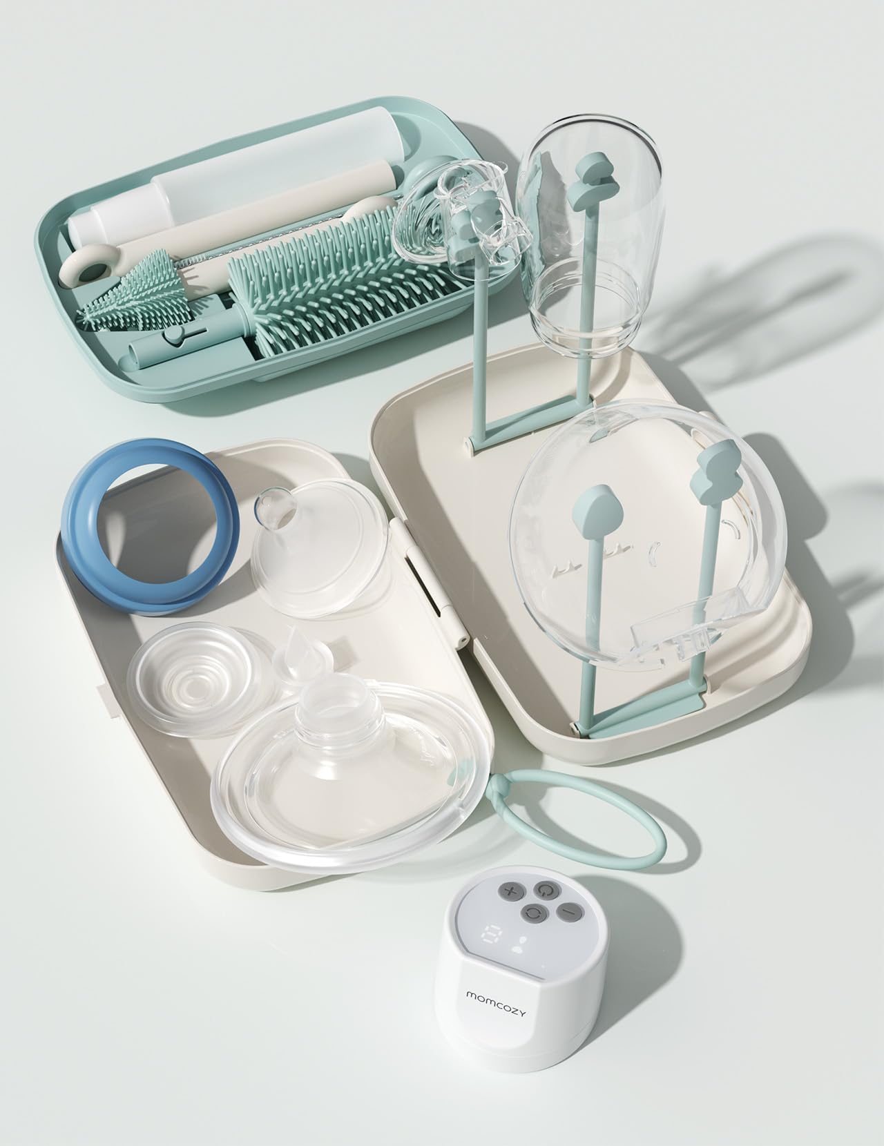 Momcozy 7 in 1 Travel Bottle Cleaning Kit - Baby Bottle Cleaner Set with Silicone Brush, Nipple Brush, Straw Brush, Soap Dispenser, Drying Rack - Home and Travel Bottle Cleaning Tools for Infants