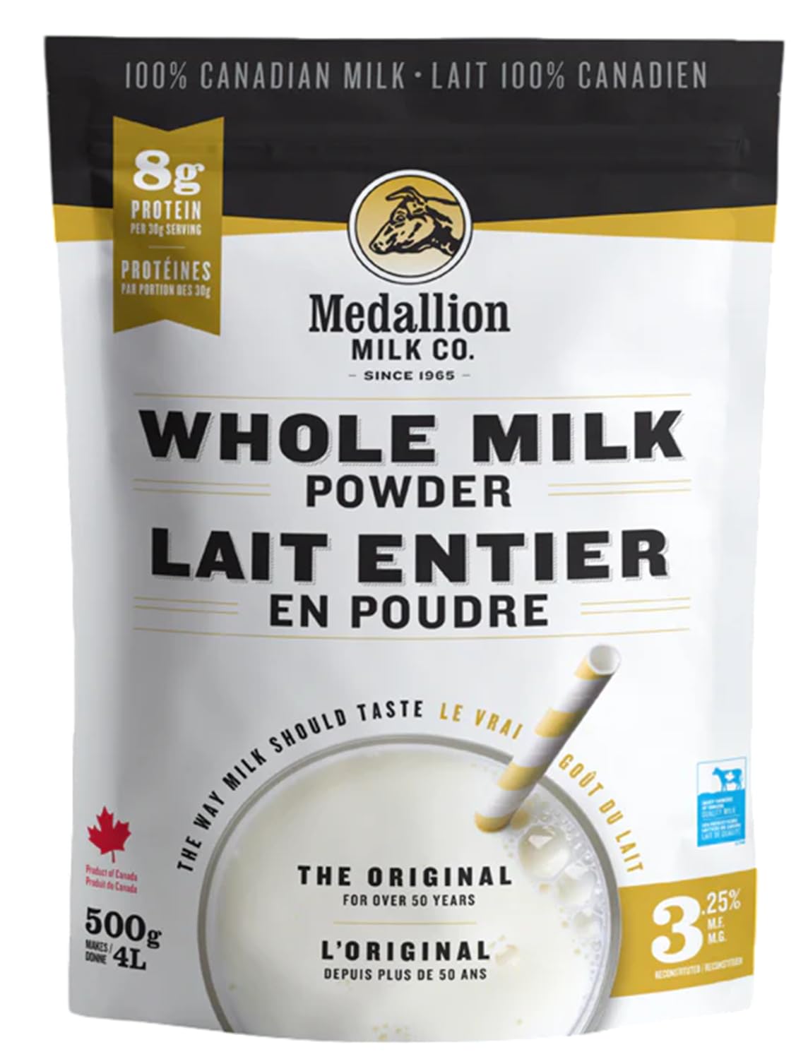 Medallion Brand Whole Milk Powder 500g - Dried Milk from Canada, Free of Antibiotics, No rbST or rBGH
