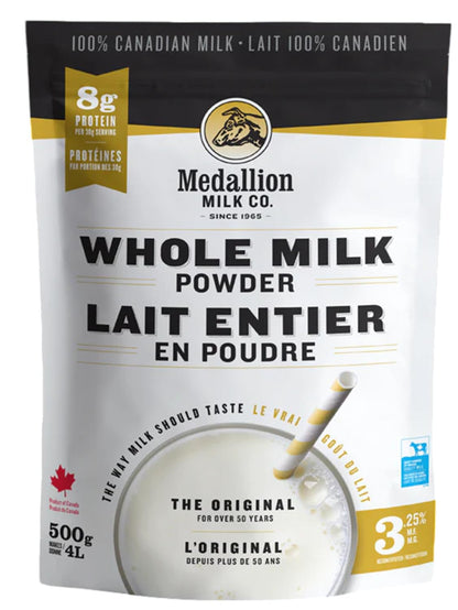 Medallion Brand Whole Milk Powder 500g - Dried Milk from Canada, Free of Antibiotics, No rbST or rBGH