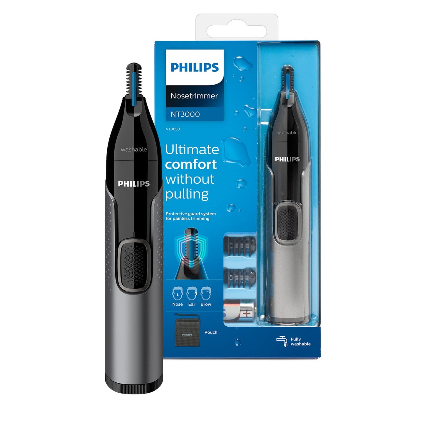 Philips Nose Trimmer Series 3000, Nose, Ear & Eyebrow Trimmer with Protective Guard System & Travel Pouch, NT3650/26 - Available at All In One Marketplace Canada