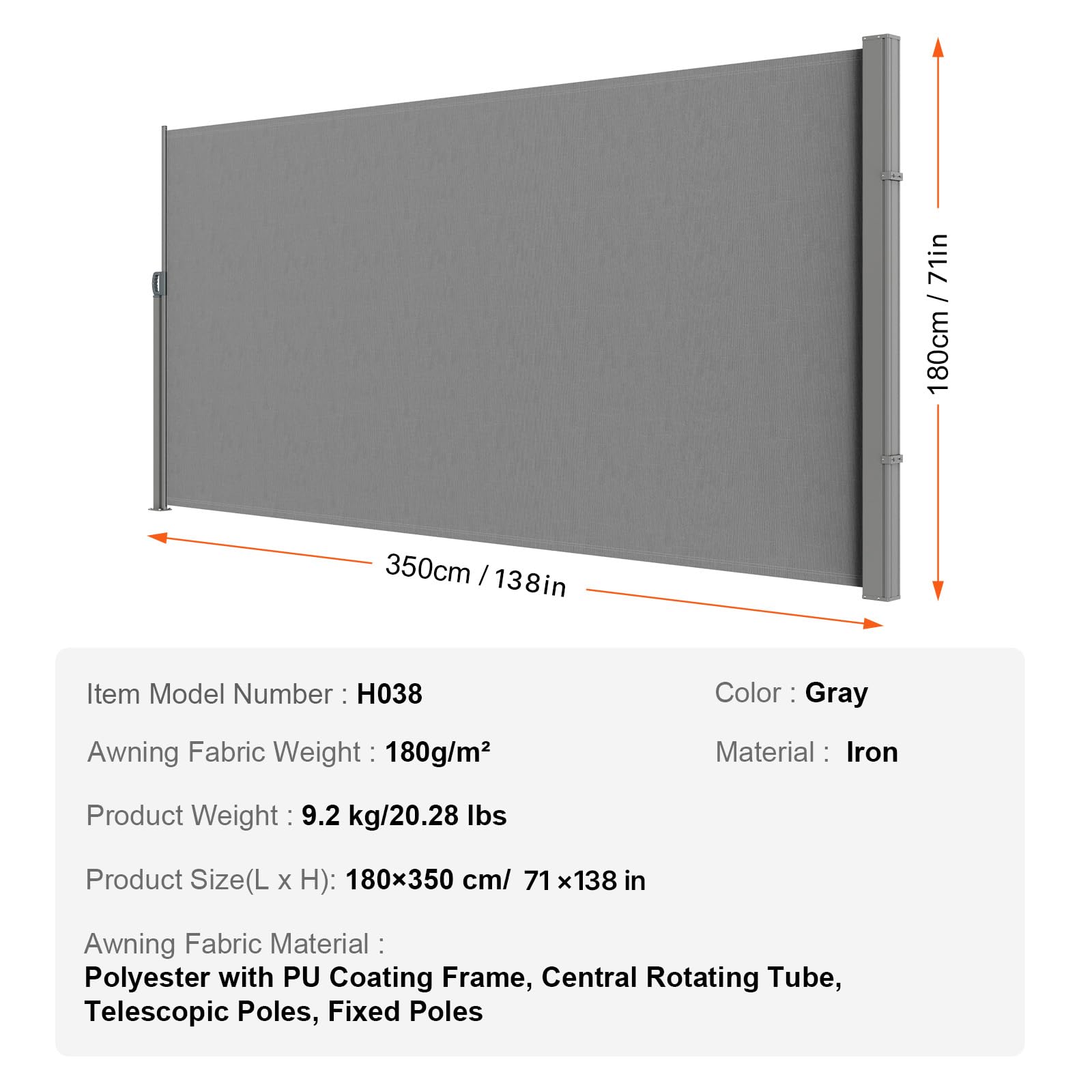 VEVOR Retractable Side Awning, 71''x 138'' Outdoor Privacy Screen, 180g Polyester Water-Proof Retractable Patio Screen, UV 30+ Room Divider Wind Screen for Patio, Backyard, Balcony, Gray VEVOR