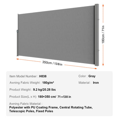 VEVOR Retractable Side Awning, 71''x 138'' Outdoor Privacy Screen, 180g Polyester Water-Proof Retractable Patio Screen, UV 30+ Room Divider Wind Screen for Patio, Backyard, Balcony, Gray VEVOR