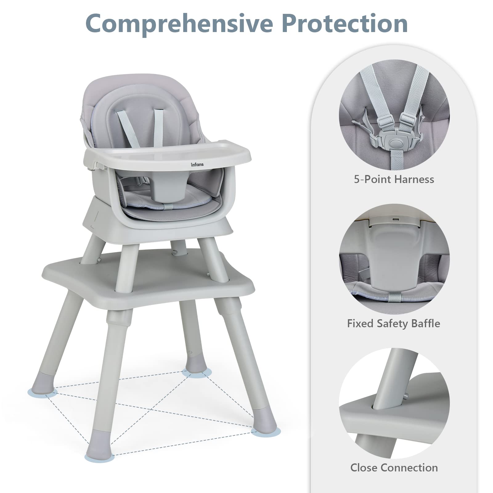INFANS 8 in 1 Baby High Chair, Convertible Highchair for Babies and Toddlers, Infant Dining Booster Seat, Building Block Table, Kids Stool Table Chair Set with Removable Tray (Grey) INFANS