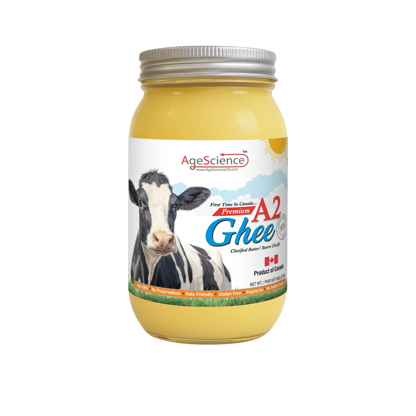 AgeScience A2 Ghee – Pure Canadian Clarified Butter, Lactose & Casein Free, 650g Glass Jar