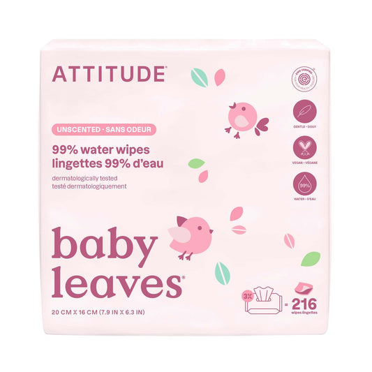 ATTITUDE Baby Water Wipes, EWG Verified, Safe for Newborns, Unscented & Fragrance-Free, 99% Water, Gentle & Hypoallergenic, Vegan & Dermatologically Tested, Travel Pack with Hard Lid, 72 Count (Pack of 3)