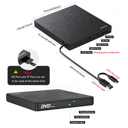 ORIGBELIE External DVD Drive, CD Drive USB 3.0 Typle C CD/DVD ROM +/-RW Adapter with USB Port DVD Burner for Laptop PC Desktop Computer, Optical Disk Drive CD Player Compatible with Mac Windows Linux