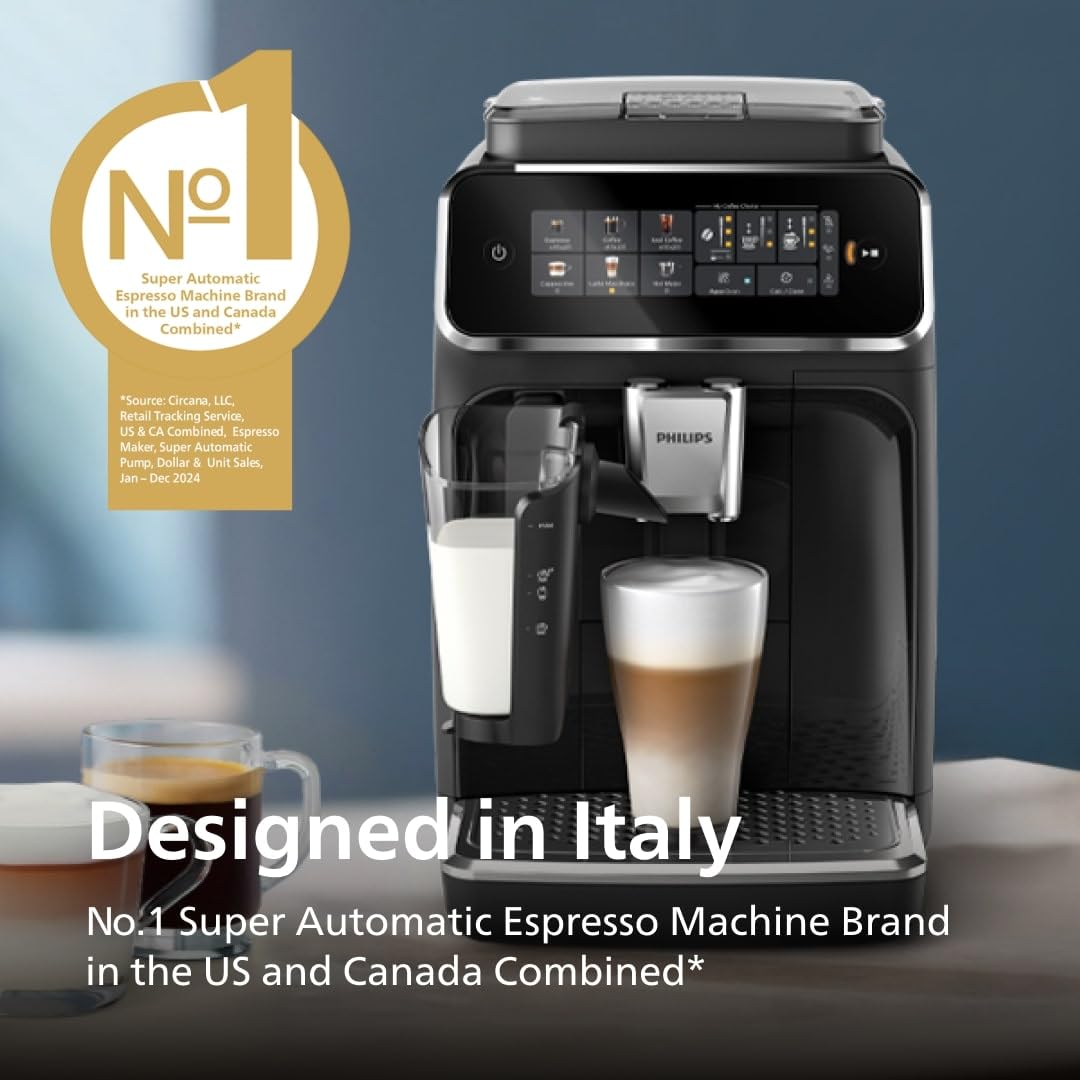 PHILIPS 3300 Series Fully Automatic Espresso Machine with LatteGo Milk System and integrated grinder, 6 Hot & Iced Coffee Pre-Sets, 40% Quieter SilentBrew, 15-Bar Pressure, Glossy Black (EP3341/50) PHILIPS