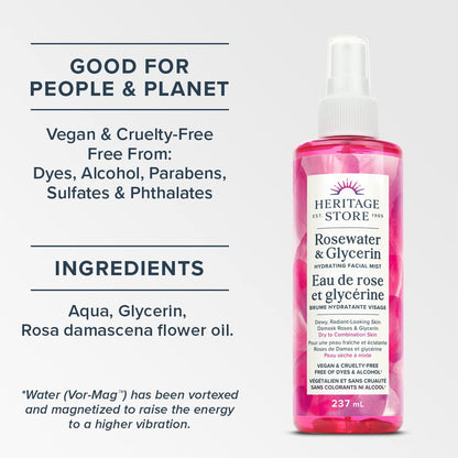 Heritage Store – Rosewater & Glycerin | Hydrating Facial Mist | Locks in Moisture for Radiant Skin | Vegan & Cruelty Free | Alcohol & Paraben Free | 237 ml (Pack of 1)