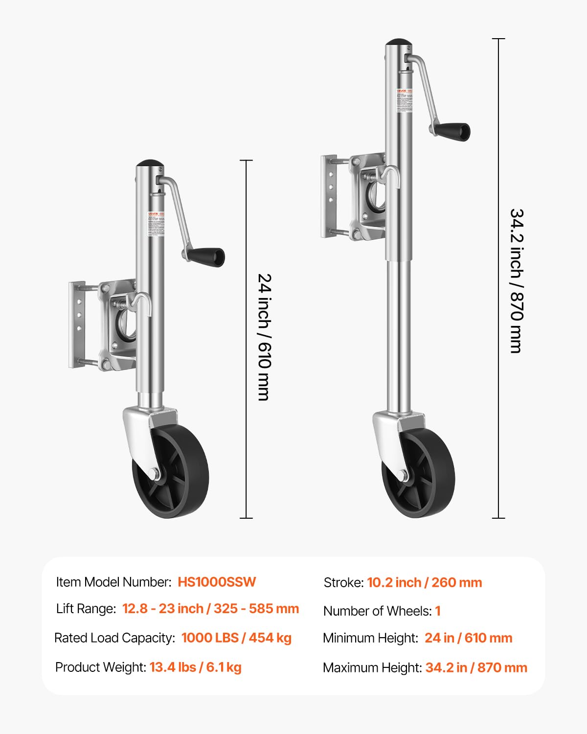 VEVOR Trailer Jack with Wheel, 1000 lbs Load Capacity, Heavy Duty Swivel Boat Trailer Jack with PP Single Wheel & Ergonomic Handle, 10-inch Lift, Fit for RVs, Boats, Horse Trailers, Utility Trailers VEVOR
