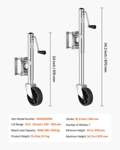 VEVOR Trailer Jack with Wheel, 1000 lbs Load Capacity, Heavy Duty Swivel Boat Trailer Jack with PP Single Wheel & Ergonomic Handle, 10-inch Lift, Fit for RVs, Boats, Horse Trailers, Utility Trailers VEVOR