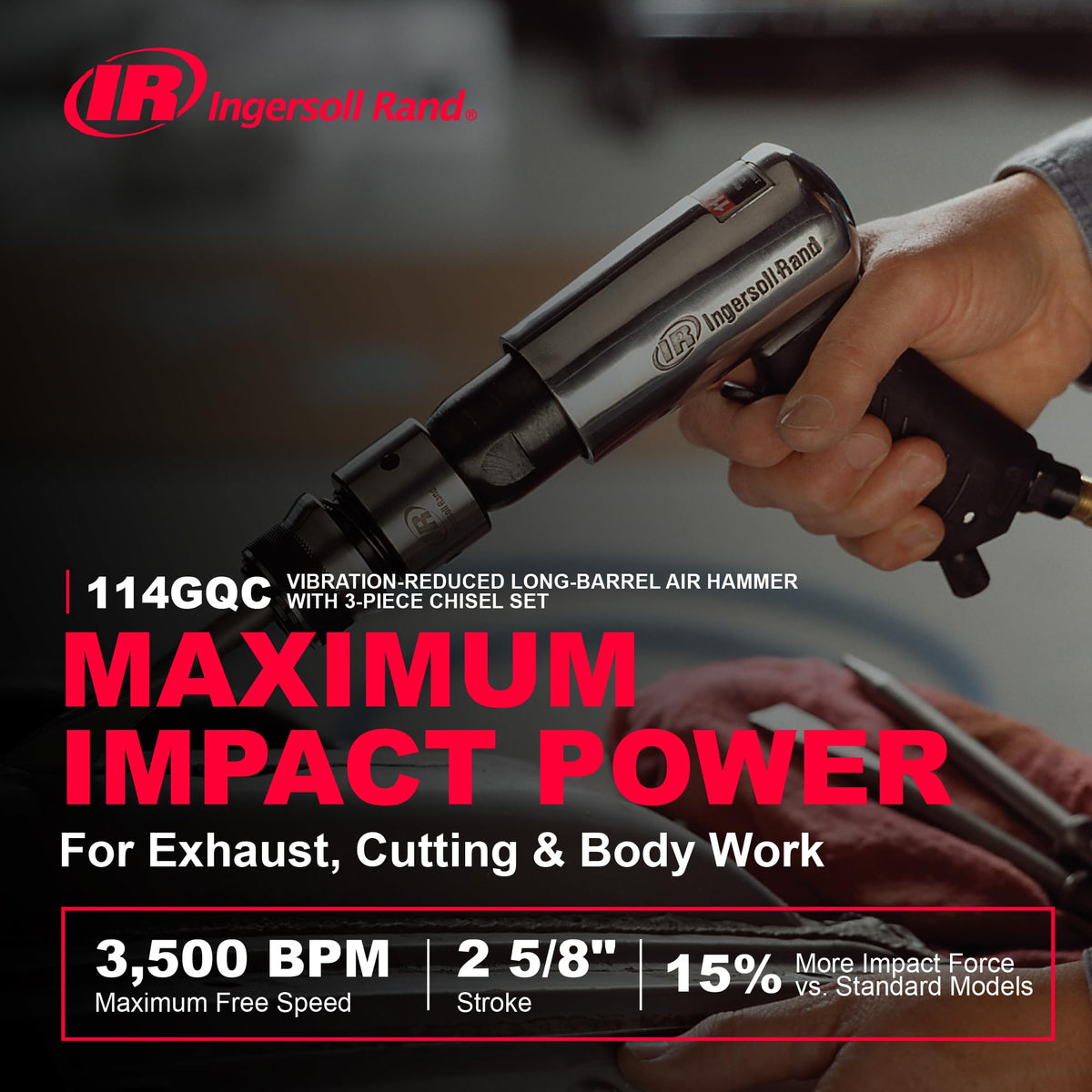 Ingersoll Rand 114GQC Air Hammer with 3-Piece Set, Tapered Punch, Panel Cutter, Flat Chisel, 2-5/8" Stroke, 3500 BPM, Plastic Handle, Gray