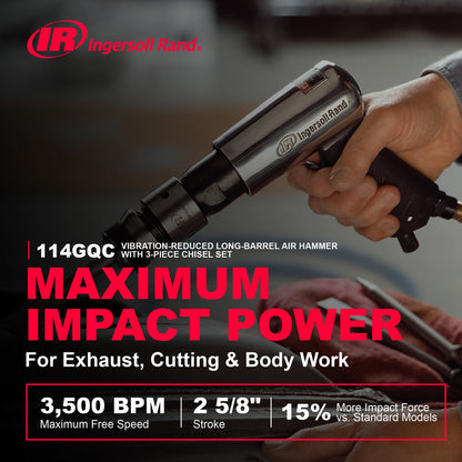 Ingersoll Rand 114GQC Air Hammer with 3-Piece Set, Tapered Punch, Panel Cutter, Flat Chisel, 2-5/8" Stroke, 3500 BPM, Plastic Handle, Gray
