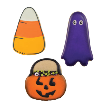 Ensemble de 3 emporte-pièces Halloween R&M en acier inoxydable – Inclut un fantôme, un seau à citrouille et un bonbon maïs