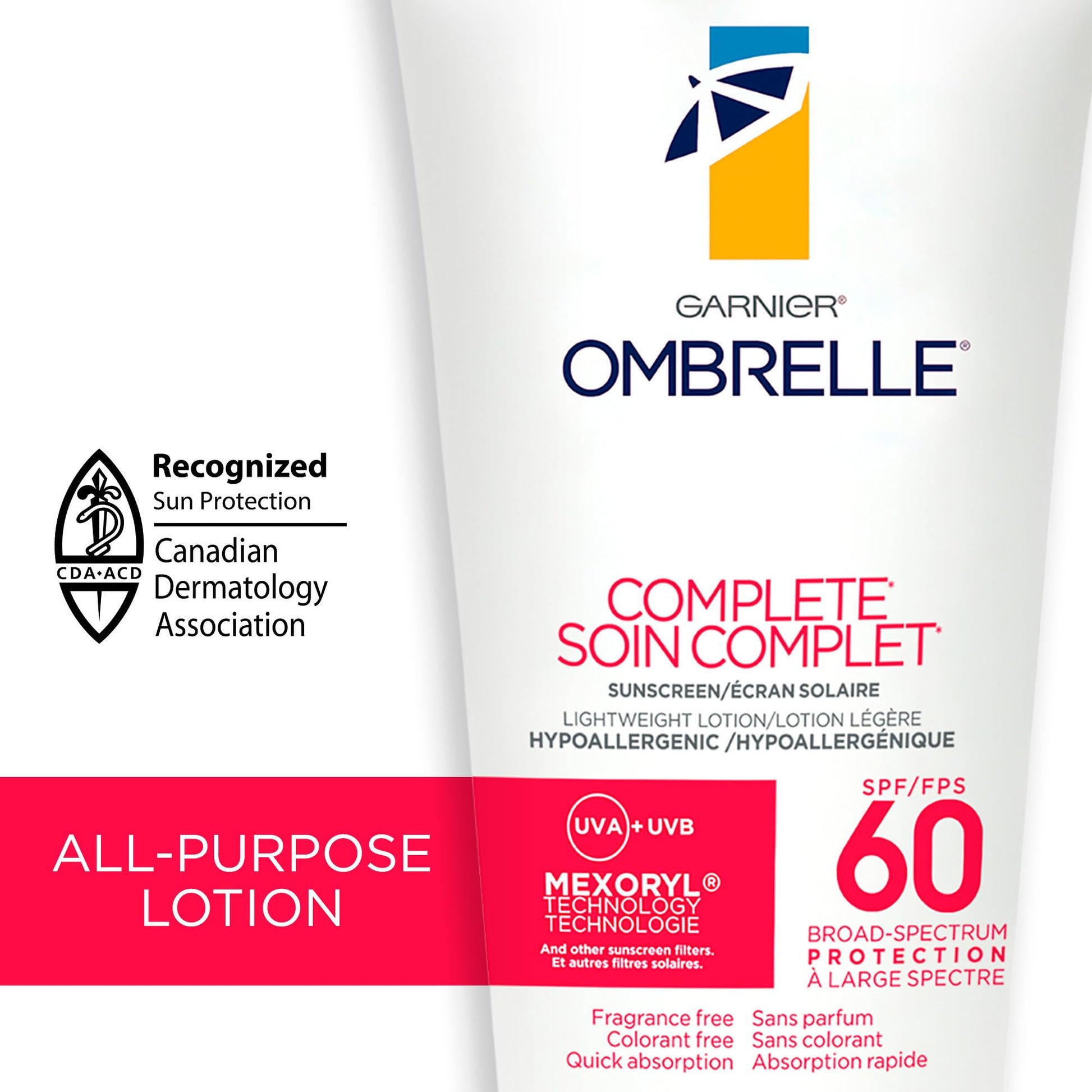 Garnier Ombrelle Complete Sunscreen Lotion, SPF 60, For Body and Face, Very High Broad Spectrum Advanced UVA/UVB Protection, Non-Greasy, Water Resistant, Hypoallergenic, Non-Comedogenic, 200ml - Available at All In One Marketplace Canada