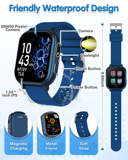 Waterproof Watch for Kids with 32 Games Dual Camera, Habit, Alarm, Pedometer, HD Touchscreen with Protector, Kids Watch Toys for Age 5-12 Christmas Birthday Gift Boys Girls(Blue) 🍁 All In One Marketplace Canada