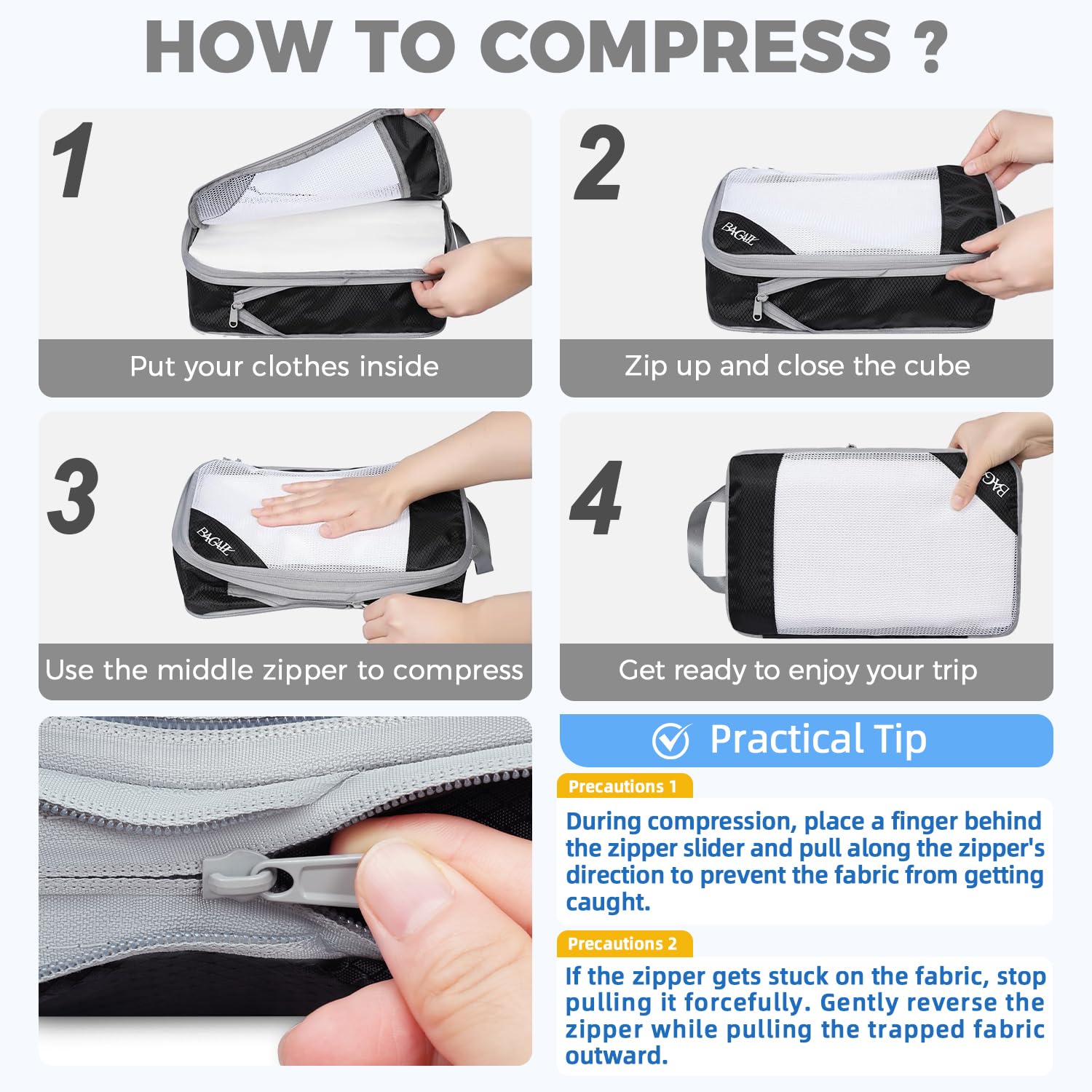 BAGAIL 6 Set/8 Set Compression Packing Cubes, Ultralight Expandable Packing Organizers for Carry on Travel Luggage(6set Jet Black) - Available at All In One Marketplace Canada