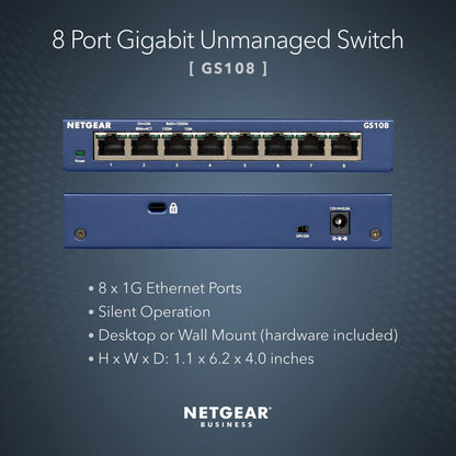 NETGEAR 8-Port Gigabit Ethernet Unmanaged Switch (GS108) - Desktop, and ProSAFE Lifetime Protection
