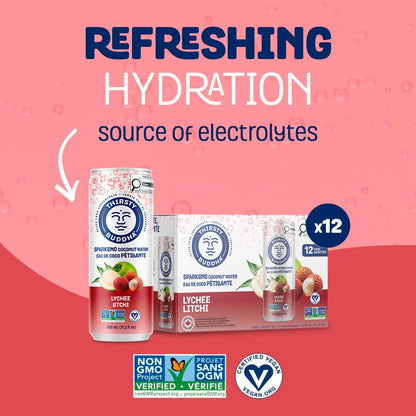 THIRSTY BUDDHA Sparkling Coconut Water with Lychee, No Added Sugar, Pure Coco Drink, Natural Fruit Flavour, Electrolyte & Nutrient-Rich, 12 Pack, (12/330ml)