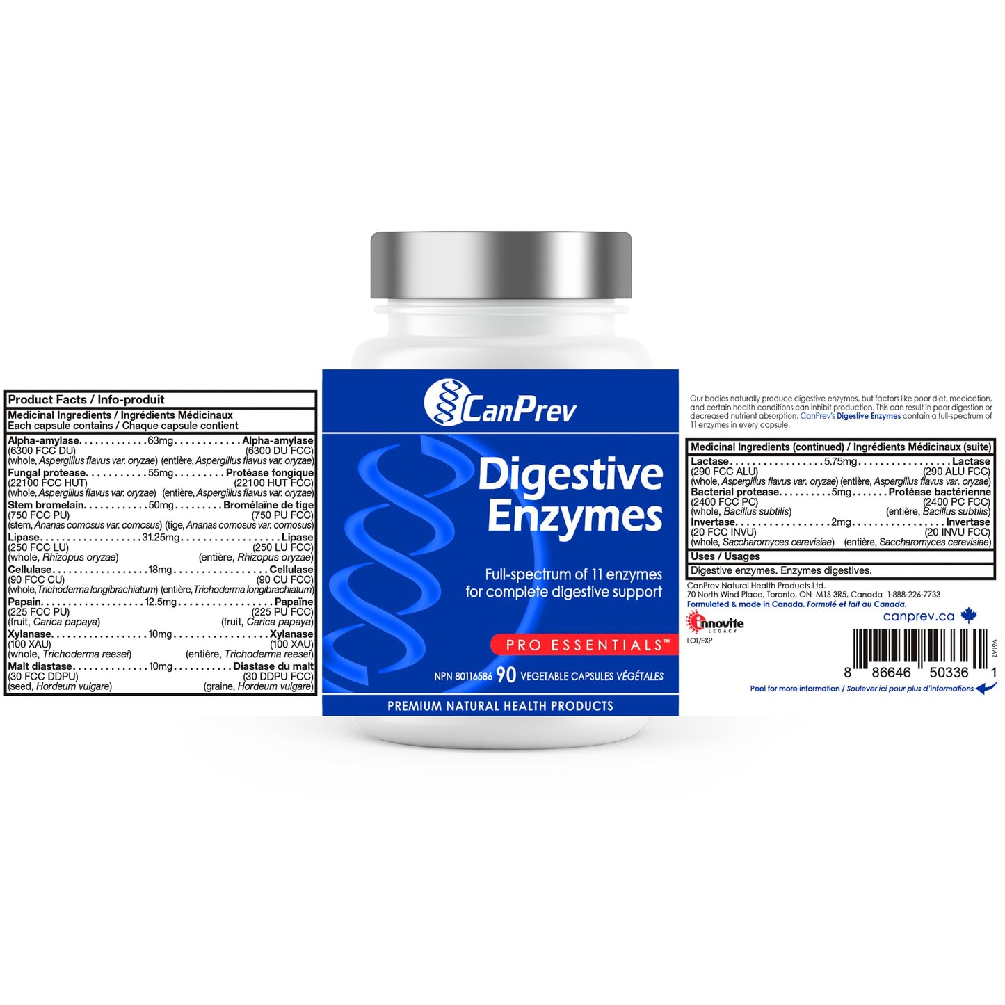 CanPrev - Digestive Enzymes Supplement, 90 Capsules 30-Day Supply - Full Spectrum of 11 Digestive Enzymes for Stomach Gas, Digestion, Indigestion and Bloating Relief - Helps Break Down Proteins - Available at All In One Marketplace Canada