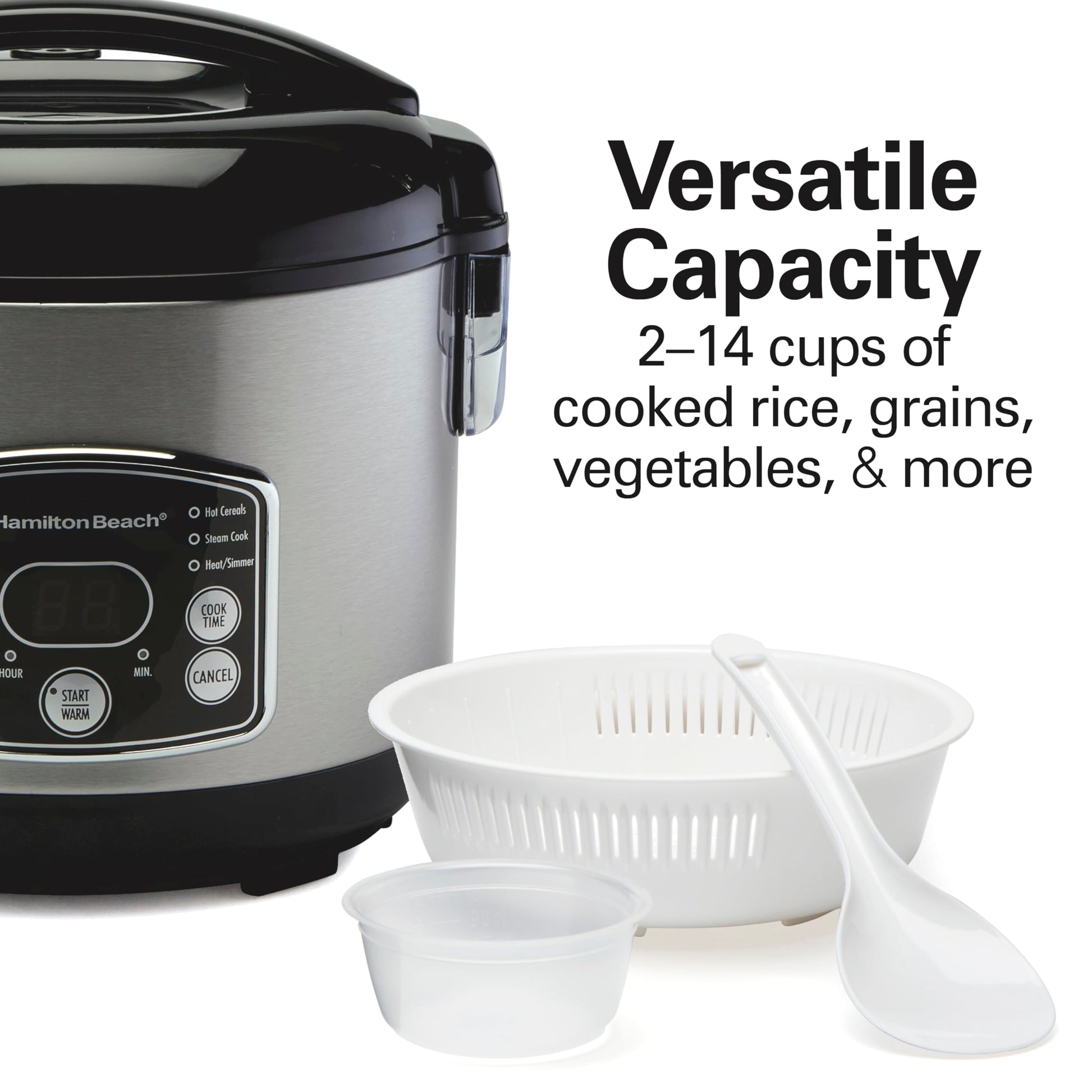 Hamilton Beach Digital Programmable Rice Cooker & Food Steamer, 14 Cups Cooked (7 Cups Uncooked), Stainless Steel, Steam & Rinse Basket, Delay Start, Model 37548MN - Available at All In One Marketplace Canada