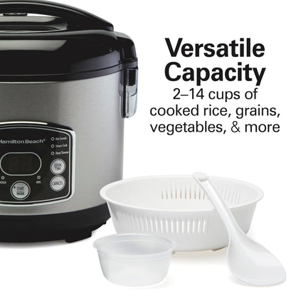 Hamilton Beach Digital Programmable Rice Cooker & Food Steamer, 14 Cups Cooked (7 Cups Uncooked), Stainless Steel, Steam & Rinse Basket, Delay Start, Model 37548MN - Available at All In One Marketplace Canada