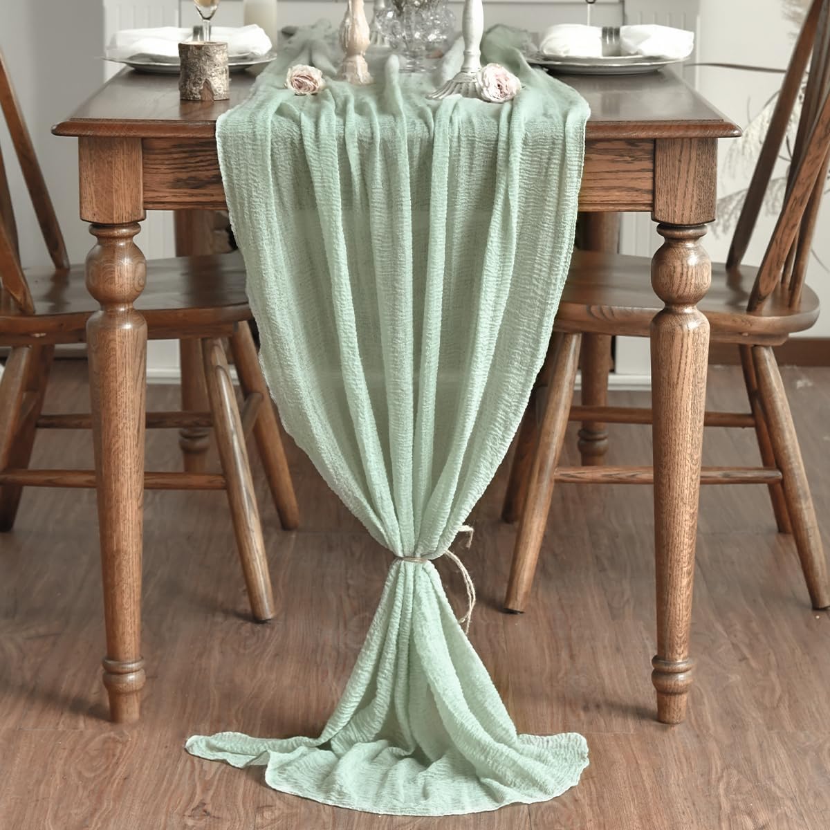 Artoid Mode Boho Sage Green Gauze Wedding Table Runner, 300 cm Seasonal Fabric Kitchen Dining Holiday Table Decor for Home Party Indoor 🍁 All In One Marketplace Canada