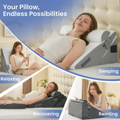 Sasttie Wedge Pillows for Adult, 2PCS Adjustable Bed Wedge Pillow for Post Surgery, Triangle Pillow Headboard with Bolster Cushion for Sleeping, Acid Reflux, Neck & Back Support, White and Dark Grey - Available at All In One Marketplace Canada