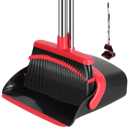 Broom and Dustpan Set, 52-in Long Adjustable Handle Broom Dustpan Combo with Dustpan Teeth to Automatically Clean Hair Suitable for Home Kitchen Office Hall Floor（Black&Red） - Available at All In One Marketplace Canada