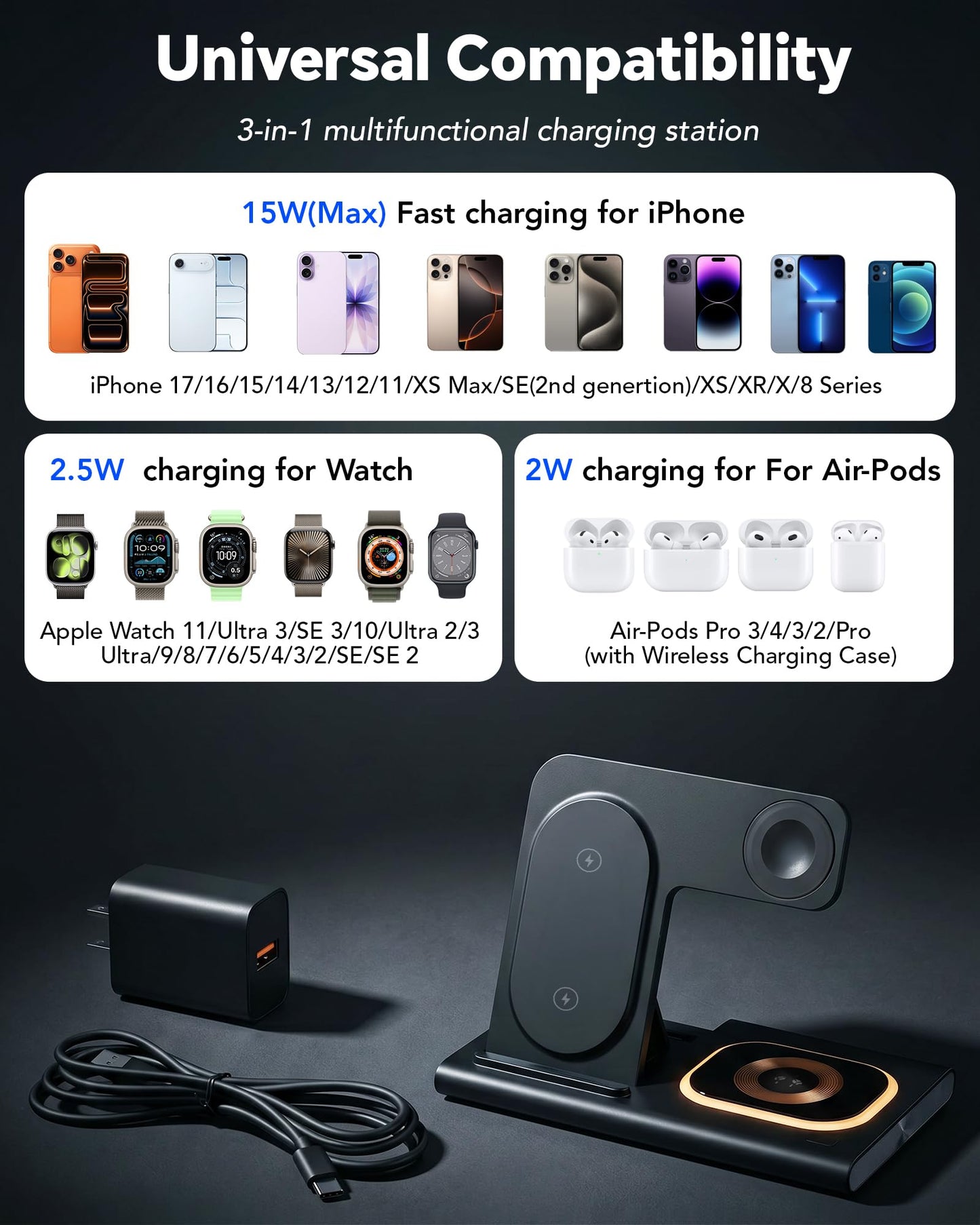 3 in 1 Foldable Wireless Fast Charging Station for Apple Multiple Devices
