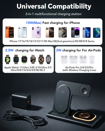 3 in 1 Foldable Wireless Fast Charging Station for Apple Multiple Devices