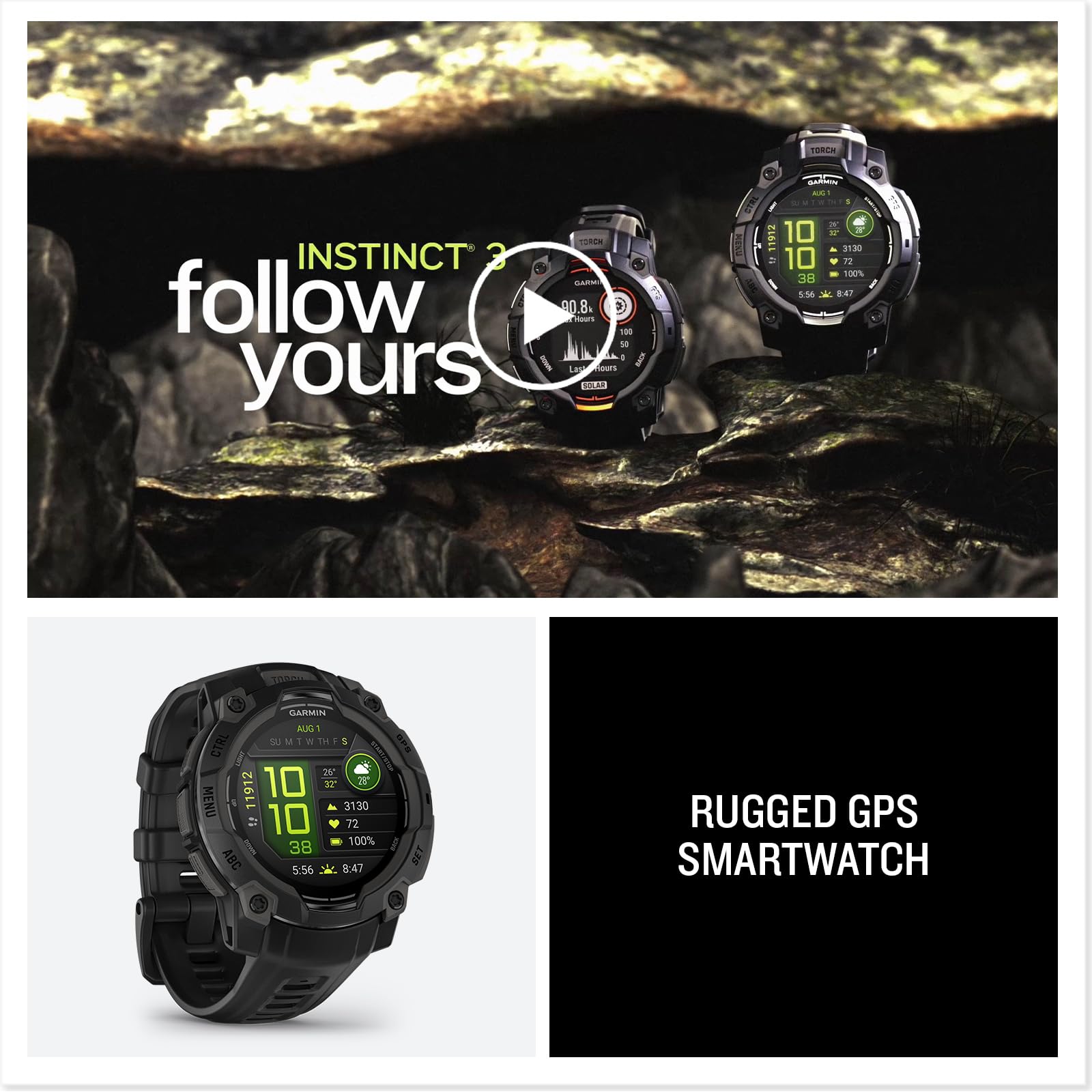 Garmin Instinct® 3 45mm, AMOLED Display, Rugged Outdoor GPS Smartwatch, Metal-Reinforced Bezel, Built-in Flashlight, Up to 18 Days of Battery Life, Black Garmin