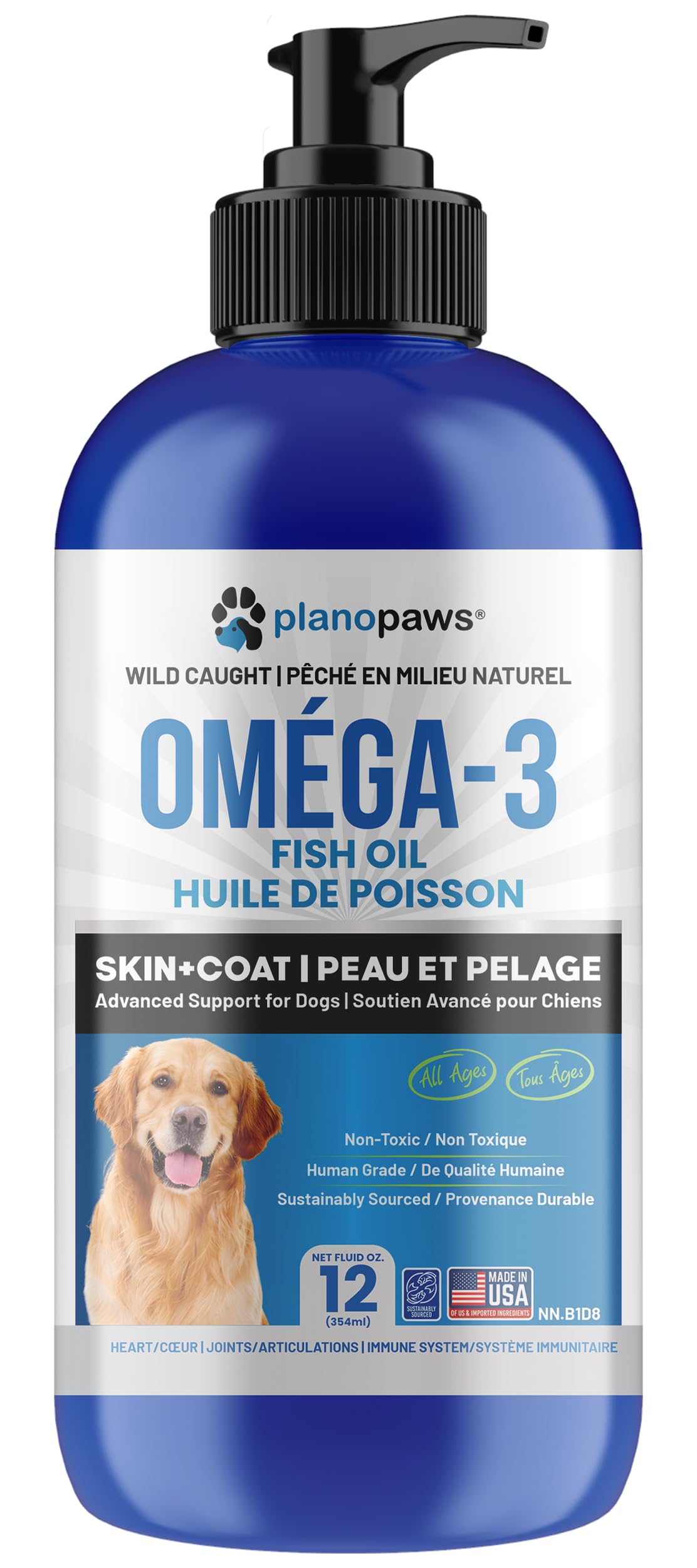 Omega 3 Fish Oil for Dogs – Liquid Dog Fish Oil Supplement – Supports Skin & Coat Health – Joint, Brain & Heart Support – for All Breeds & Ages