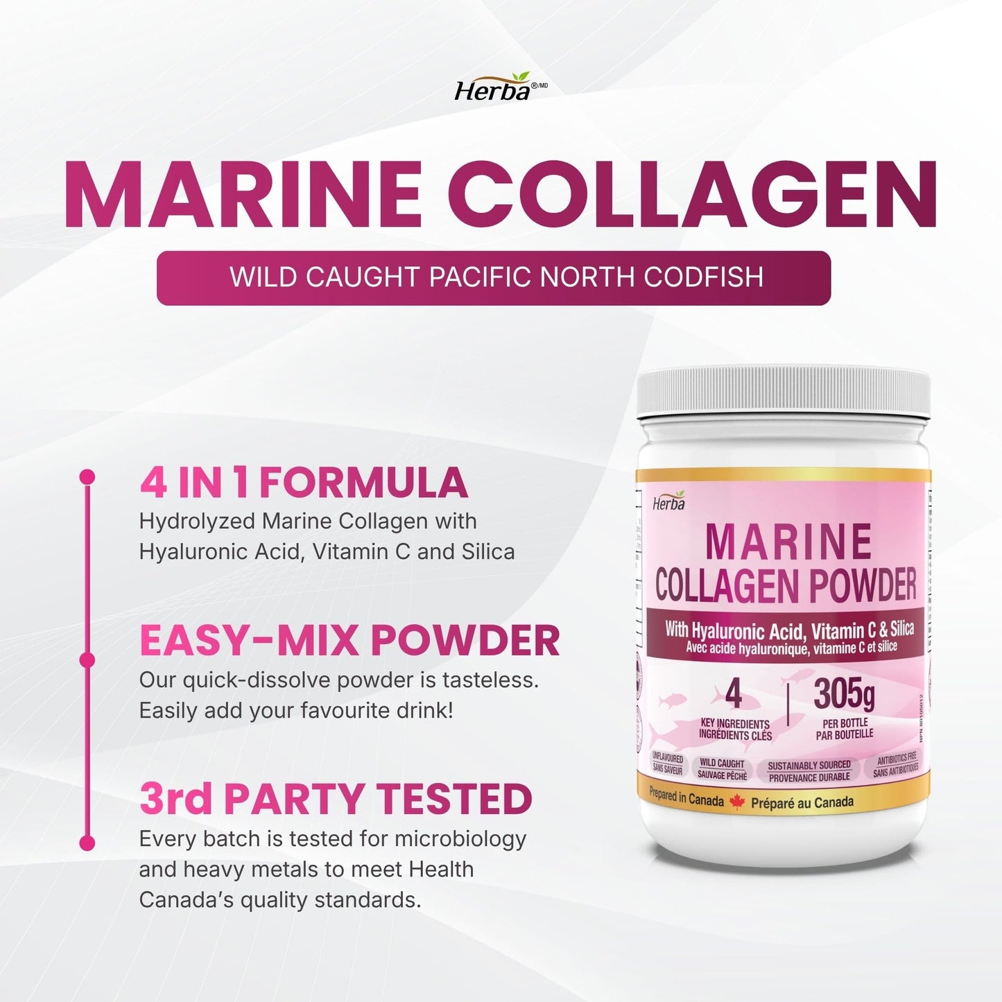 Herba Marine Collagen Powder for Women & Men with Hyaluronic Acid, Vitamin C, and Silica – 305g | Made in Canada | Wild Caught | Hydrolyzed Collagen Peptides | Antibiotics Free | Sustainably Sourced - Available at All In One Marketplace Canada