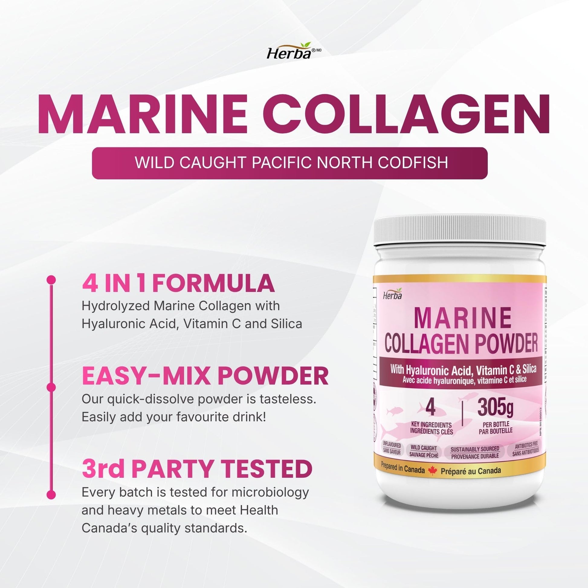 Herba Marine Collagen Powder for Women & Men with Hyaluronic Acid, Vitamin C, and Silica – 305g | Made in Canada | Wild Caught | Hydrolyzed Collagen Peptides | Antibiotics Free | Sustainably Sourced - Available at All In One Marketplace Canada