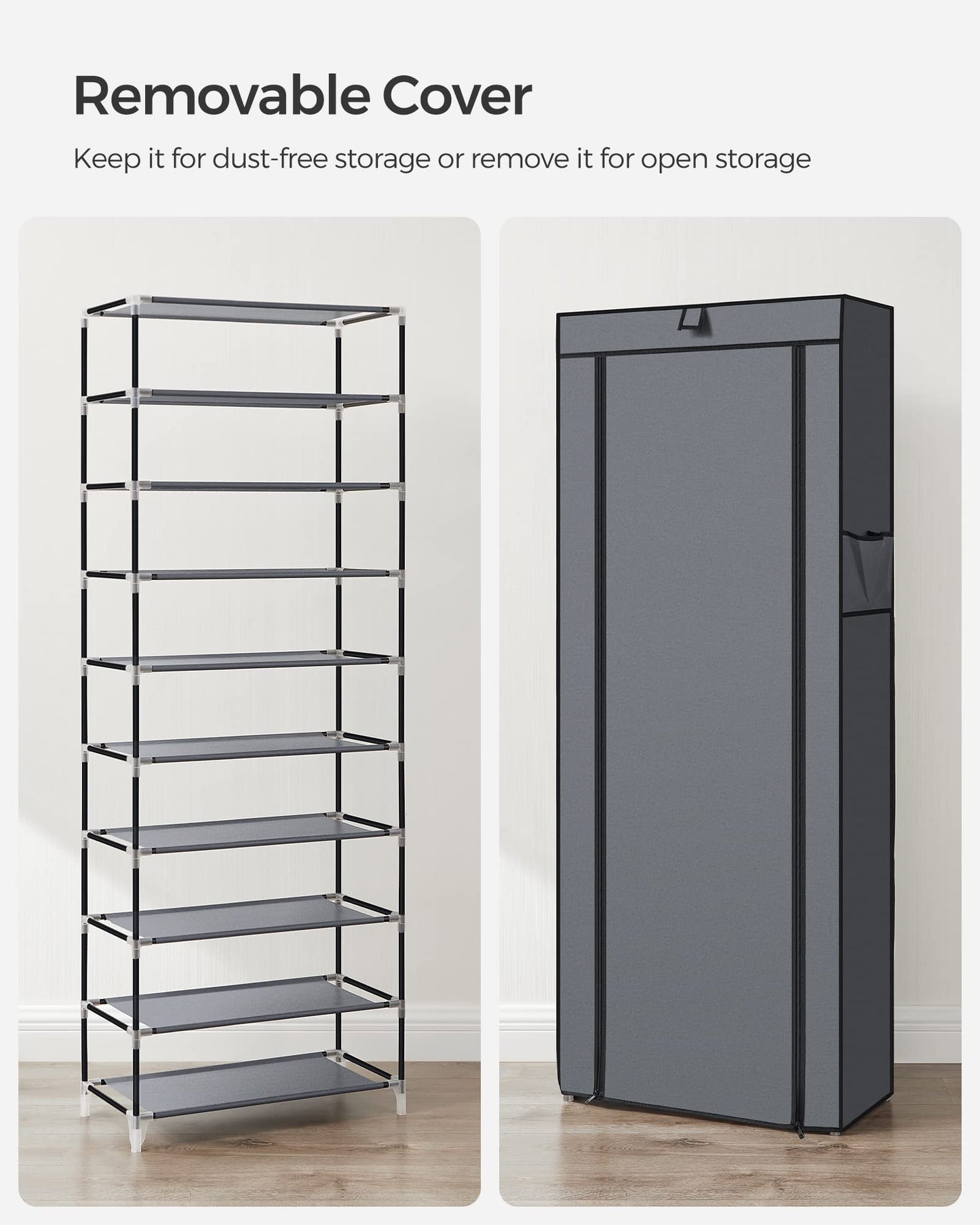 SONGMICS 10-Tier Shoe Rack, Shoe Storage Organizer Cabinet with Dustproof Cover, Free-Standing, for Closet, Entryway, Hold 27-35 Pairs, for Sneakers, High Heels, Gray URXJ10G01 SONGMICS