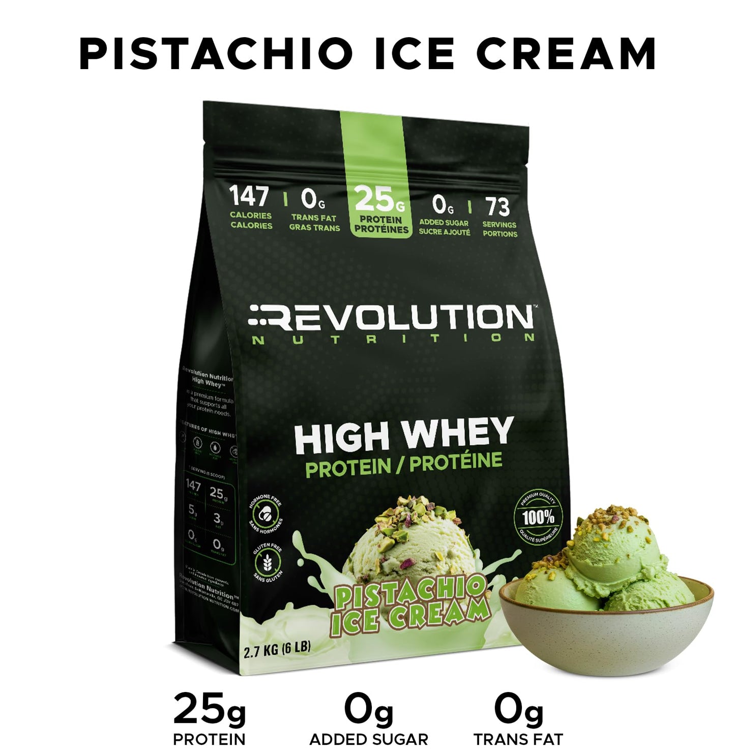 Revolution Nutrition, High Whey, Protein Powder 6LB bag, Whey Protein, Gluten Free, 25g of Protein Per Scoop, 2.7kg, 73 Servings (Pistachio Ice Cream, 6 Pound Bag)