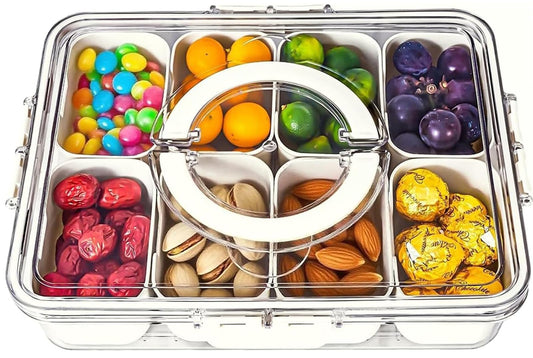 KIGITIONE Divided Snackle Box, 8 Compartments Portable Serving Tray with Lid and Handle, Clear Snack Platter Organizer for Fruits, Snacks, Nuts, Candy, Ideal for Party, Travel & Picnics