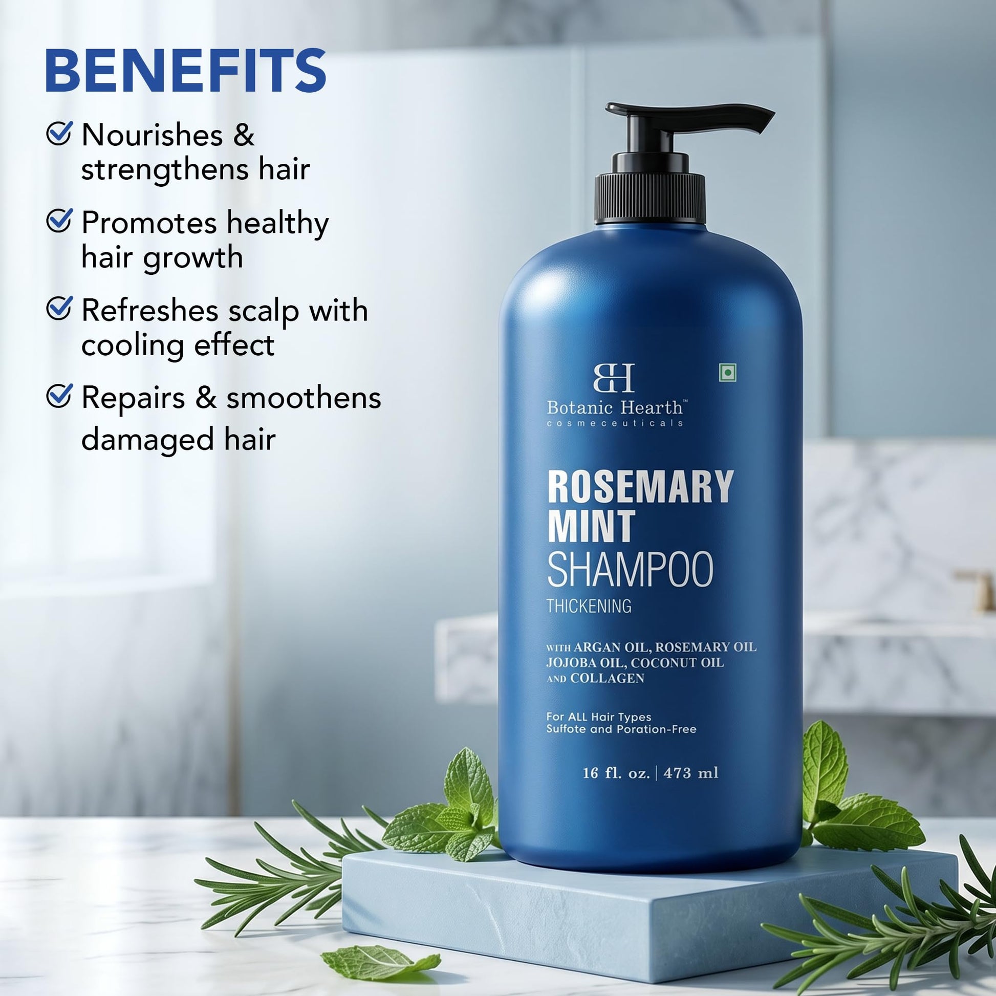 Botanic Hearth Rosemary Shampoo with Biotin & Mint, Sulfate-Free Deep Cleansing Shampoo for Thicker, Fuller-Looking Hair, Nourishing Scalp Care, 16 fl oz - Available at All In One Marketplace Canada