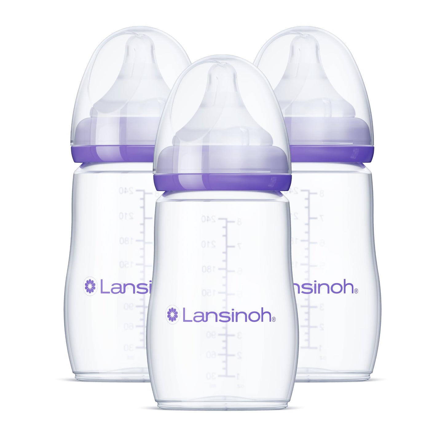 Lansinoh Anti-Colic Baby Bottles for Breastfeeding Babies, 240 ml (8 Ounces), 3 Count, Includes 3 Medium Flow Nipples, Size M