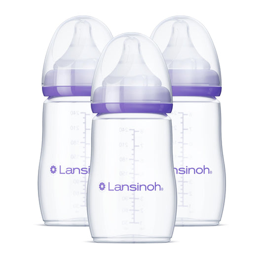 Lansinoh Anti-Colic Baby Bottles for Breastfeeding Babies, 240 ml (8 Ounces), 3 Count, Includes 3 Medium Flow Nipples, Size M