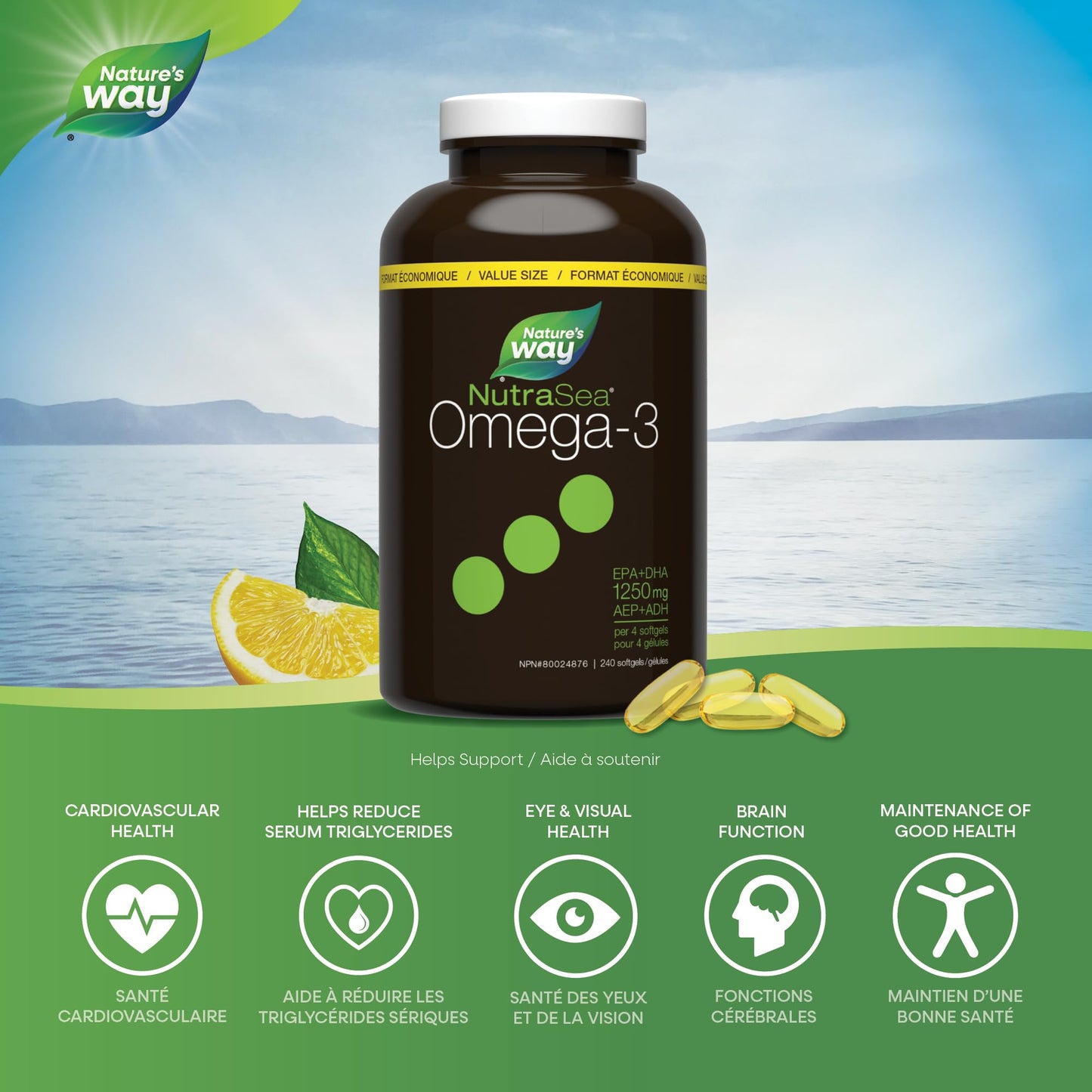 Nature's Way NutraSea Omega 3 Softgels Supplement with Fish Oil – Zesty Lemon Flavour – Heart & Brain Support for Kids Ages 6+ and Adults – EPA & DHA, 240 Softgels, Value Size - Available at All In One Marketplace Canada