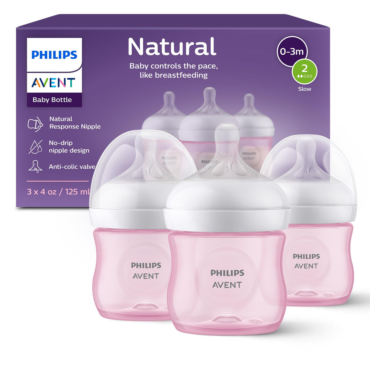 Philips Avent Natural Baby Bottles, Slow Flow, 4 oz, BPA-Free, 3-Pack