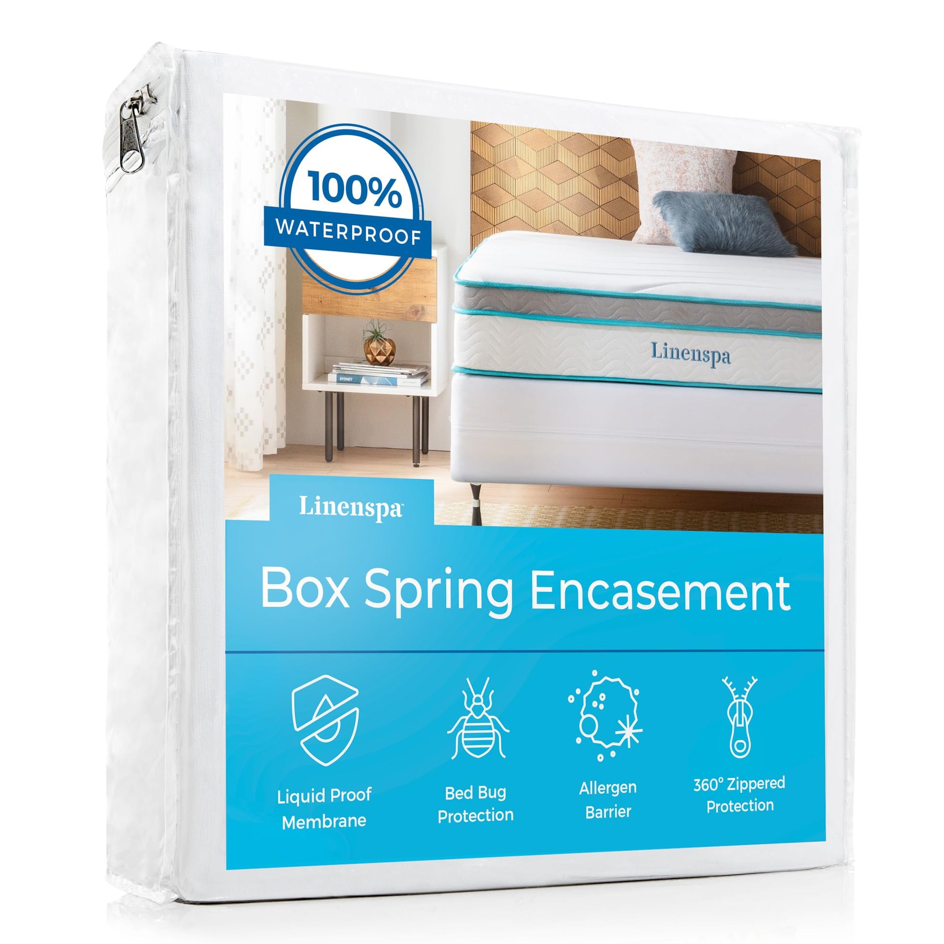 LINENSPA Waterproof Bed Bug Proof Box Spring Encasement Protector - Blocks out Liquids, Bed Bugs, Dust Mites and Allergens - Queen Linenspa