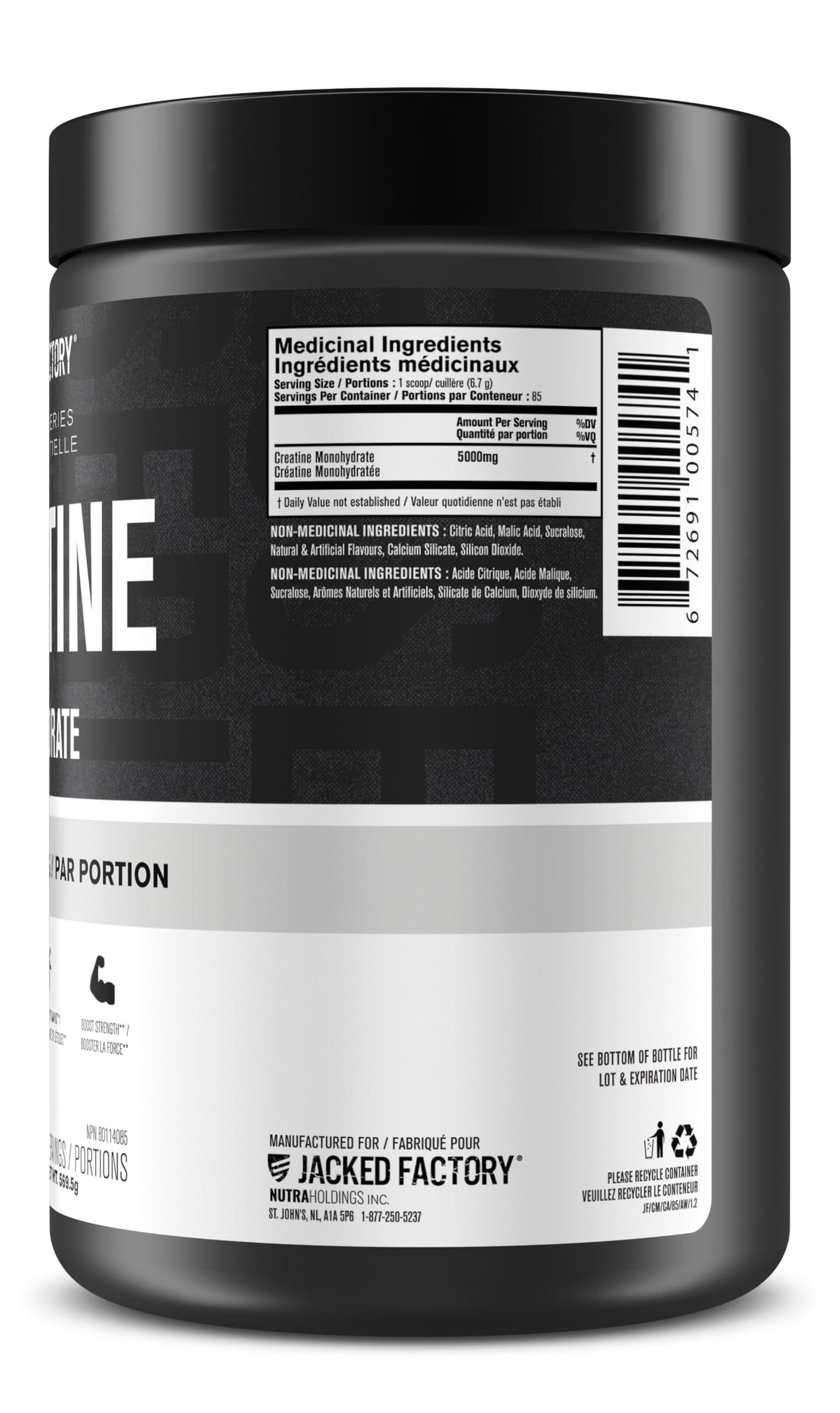 Jacked Factory Creatine Monohydrate Powder - Canadian-Owned Informed Choice Certified Supplement for Increased Muscle Mass*, Improved Strength, Power, & Performance** - 85 Servings, Arctic White