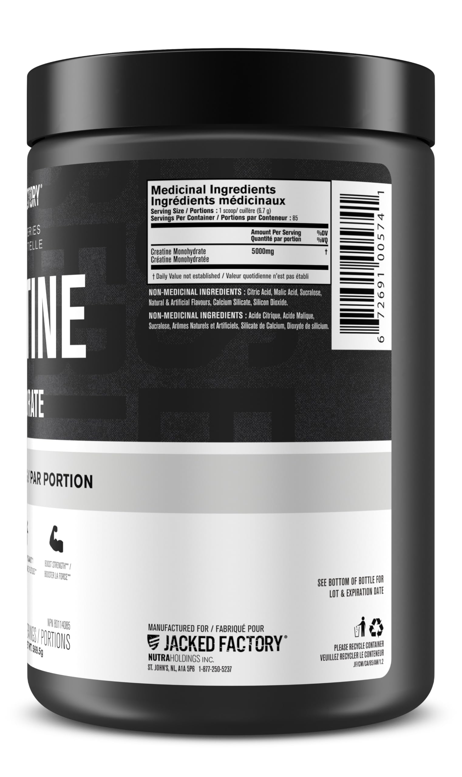 Jacked Factory Creatine Monohydrate Powder - Canadian-Owned Informed Choice Certified Supplement for Increased Muscle Mass*, Improved Strength, Power, & Performance** - 85 Servings, Arctic White