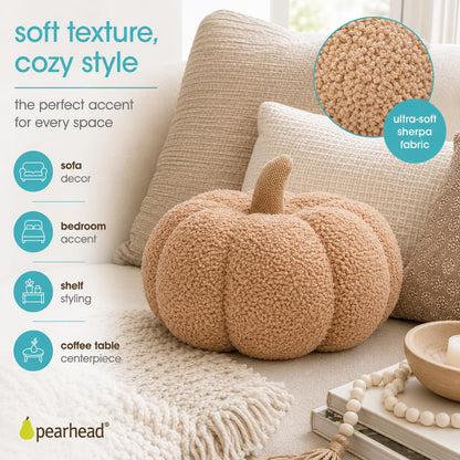Citrouille en sherpa beige Pearhead, décoration d'Halloween en peluche, décoration d'automne moderne, beige